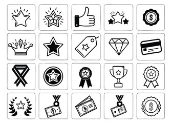 Black & White Reward, Loyalty, and Recognition Icons – Grid for Apps & Websites