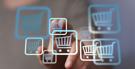 Person interacts with digital shopping carts, symbolizing online retail and e-commerce.