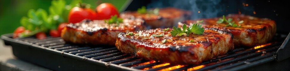 Juicy grilled steaks and BBQ chicken sizzle on the grill, surrounded by vibrant vegetables and grilling tools A perfect summer cookout scene , outdoor, skewers