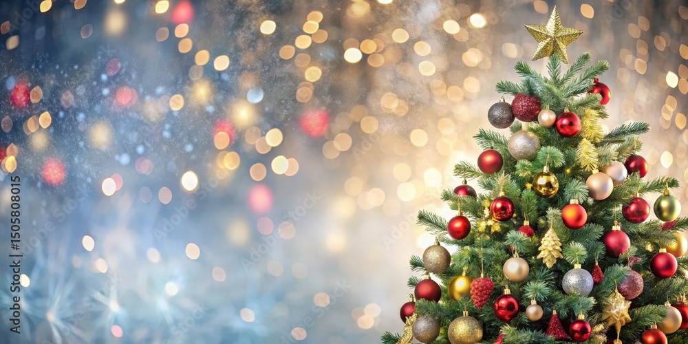 Poster a festive christmas tree adorned with red and gold ornaments against a shimmering background of boke