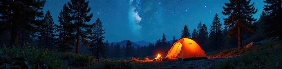 A crackling campfire under a starlit summer sky, illuminating a tent nestled amongst towering pine trees The perfect summer camping scene evokes tranquility and adventure , nature scene, night