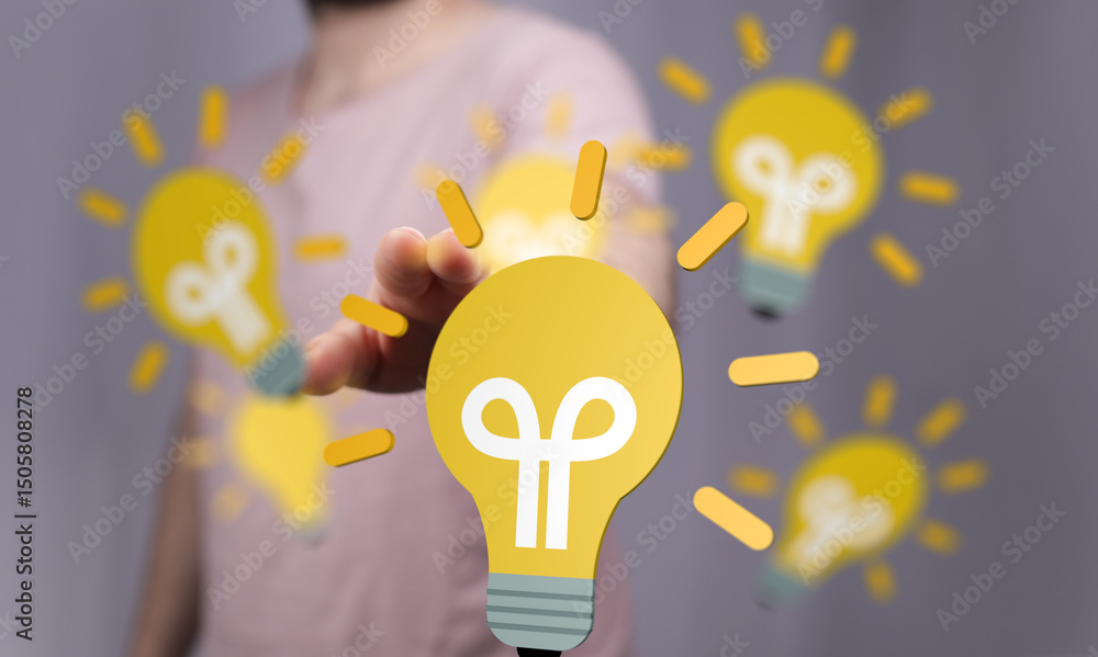 Poster hand choosing a glowing lightbulb, symbolizing idea selection and innovation.