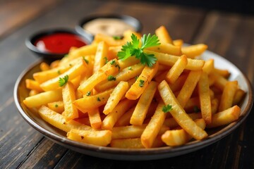 A generous platter overflowing with golden-brown, crispy fries, seasoned to perfection Perfect for sharing or a hearty individual meal Served with various dipping sauces , mayonnaise, dinner