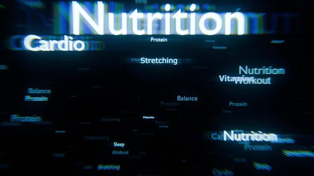 Energetic seamless 3D loop with health and fitness-related words like Workout, Nutrition, Wellness, and Strength floating in the air. Great for fitness promos, workout tutorials, sports vlogs
