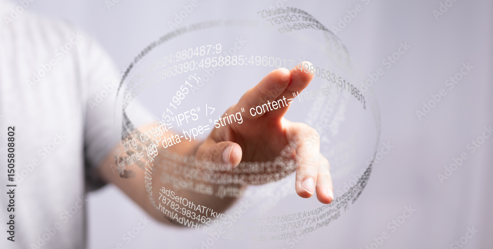 Fototapete Abstract image of a hand interacting with a sphere of data, representing digital technology and information.