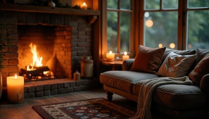 Warm, inviting candlelight illuminates a cozy interior, casting soft shadows on wooden furniture and plush textiles Perfect for home decor, lifestyle, and ambiance themes , autumn, romantic, detail