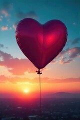 Fototapeta premium A lone heart-shaped balloon floats against a vibrant sunset, symbolizing the search for love and companionship , solitude, orange
