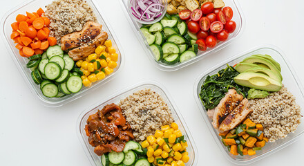 Healthy meal prep containers with chicken, vegetables, and grains for weight loss