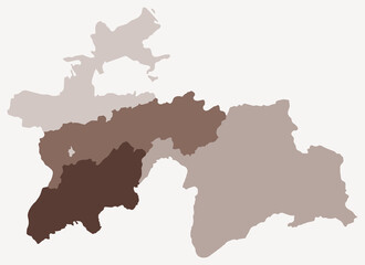 Map of Tajikistan with regions. A simple country border map with region division. Brown color palette. Blank Tajikistan shape with administrative division. Vector illustration.