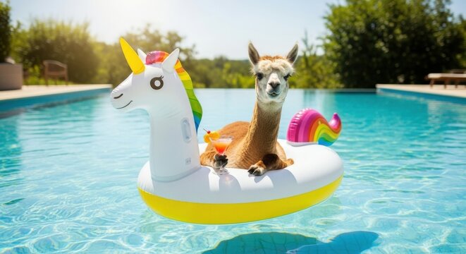 Alpaca on unicorn float relaxing in pool with cocktail drink.