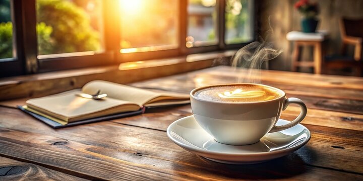 A steaming cup of coffee with a latte art design sits on a wooden table next to an open book, bathed in the warm glow of morning sunlight. - Powered by Adobe