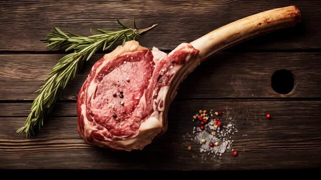 Raw tomahawk steak with bone-in ribeye, seasonings, and fresh rosemary sprig on rustic wooden cutting board surface, gourmet meal prep.
