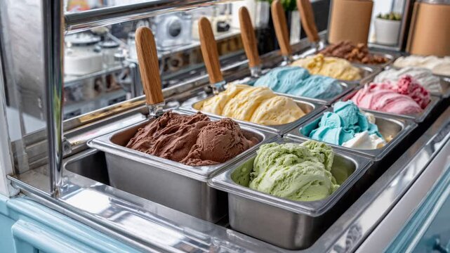 colorful ice cream display in vintage ice cream truck