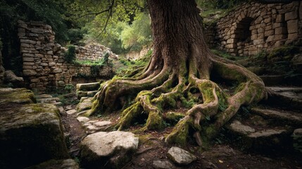 Fototapeta premium Ancient Roots and Stone Pathway in a Lush Forest