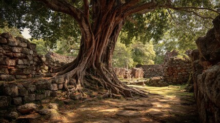 Fototapeta premium Ancient Ruins Under a Majestic Tree