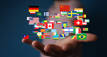 Image of interconnected world flags on a hand, symbolizing global connections and international...