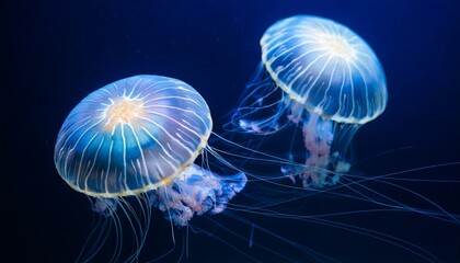 Naklejka premium two spotted jellyfish glow gently while floating in dark underwater space