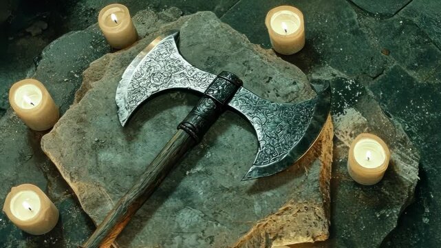 A beautifully detailed axe surrounded by candles on a stone surface.