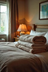 Cozy blankets piled high on a motel bed, soft lighting, inviting atmosphere Perfect for travel, relaxation, and a comfortable stay , accommodation, refuge