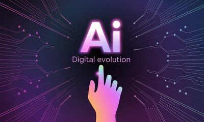 Hand reaching towards the glowing AI symbol, representing digital evolution concept.