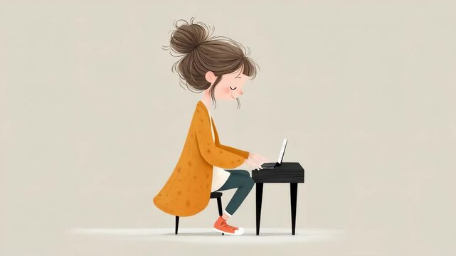 illustration of girl playing piano with sheet music