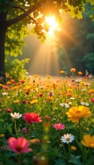 Obraz premium Golden hour sunlight streams through leaves onto a vibrant field of wildflowers, evoking feelings of joy and serenity Perfect for themes of optimism, well-being, and inner peace , tranquil, healthy