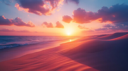 Fototapeta premium A beautiful sunset over a beach with sand dunes.