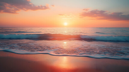 Fototapeta premium Dramatic sunset over a tranquil ocean beach.
