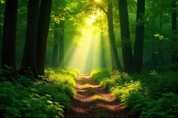 Obraz premium Sun-dappled forest path winds through lush green canopy, sunlight filtering through leaves, creating magical ambiance Tranquil, serene nature scene , canopy, scenery, summer