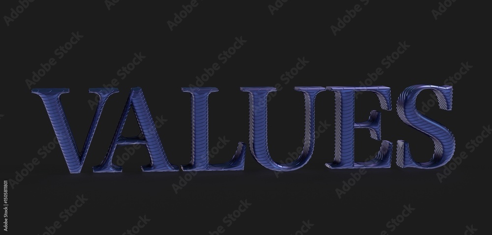 Poster abstract 3d rendering of the word values. ideal for concepts of ethics, principles, and morality.