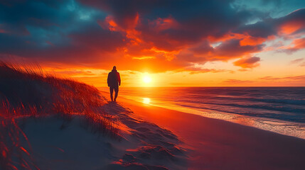 Obraz premium Silhouette of a person walking on a beach at sunset.