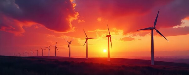 Rows of windmills stand silhouetted against a fiery sunset, a visual representation of contrasting energy sources and the greenhouse effect's impact on the atmosphere , sun, environment