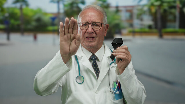 Senior doctor in uniform stands outdoors holding black ribbon with focus on advice.