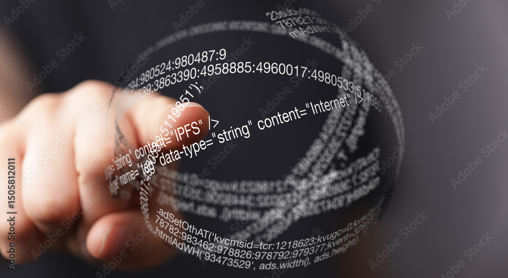 Poster close-up of a hand interacting with a transparent sphere filled with digital data, code, and numbers