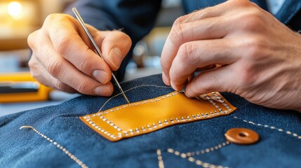 Close-up of hands repairing blue denim jacket with needle and yellow leather patch in soft light