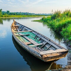 Obraz premium Old wooden boat resting on calm riverbank surrounded by green grass under clear sky