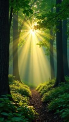 Serene forest scene at sunrise, mist clinging to lush green foliage, sunlight filtering through the trees Perfect for nature blogs, websites, or social media posts , shadow, organic, canopy