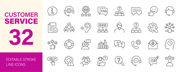 Customer service icon set. Containing support, help, assistance, feedback, satisfied, operator, FAQ, question, complaint, brand reputation and more. Editable line icons. Vector illustration.