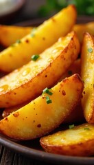 Close-up of crispy, golden-brown potato wedges, seasoned perfectly, glistening with oil, ready to eat , food, delicious, pub