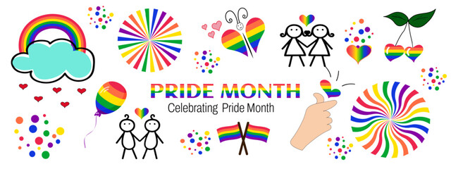 A fun and colorful LGBT icons set for Pride Day with rainbow symbols, hearts, couples and the words PRIDE MONTH. Festive style for posters, social media and cards.