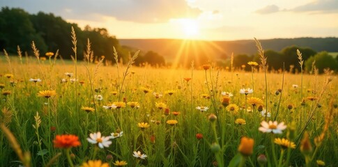 Naklejka premium Serene ranch meadow bathed in golden sunlight, wildflowers blooming amongst tall grasses Perfect for nature, country, and pastoral themes , meadow, ecosystem