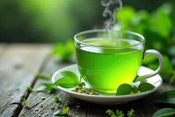 A steaming cup of vibrant green tea, surrounded by fresh herbs and leaves, ready to be enjoyed Perfect for healthy lifestyle, wellness, and relaxation themes , ginger, mint