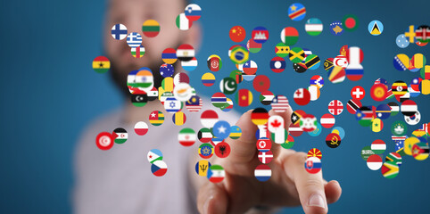 Abstract image of a man connecting with various countries through digital flags.
