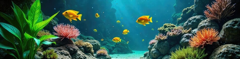 Fototapeta premium Vibrant tropical fish swim amongst lush green plants and colorful corals in a meticulously maintained aquarium The scene is filled with lively movement and brilliant hues , serene, water life