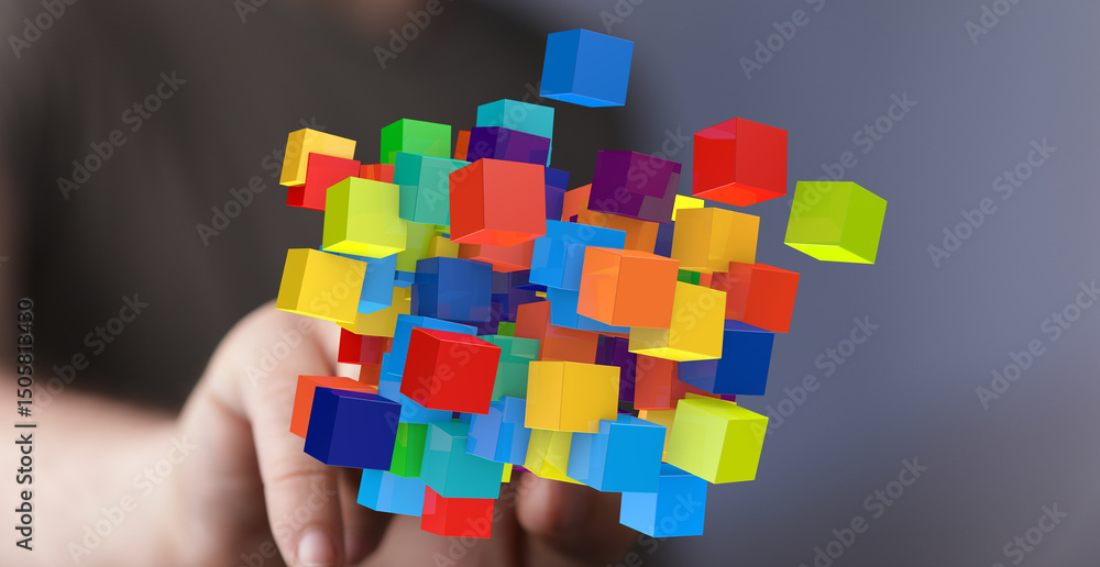 Poster abstract image of colorful cubes representing innovation, technology, or creativity.