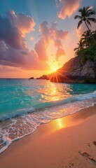 Stunning panoramic view of a tranquil beach at sunset, with golden sand, turquoise water, and a vibrant sky Perfect for travel, vacation, and summer themes , sunset, background