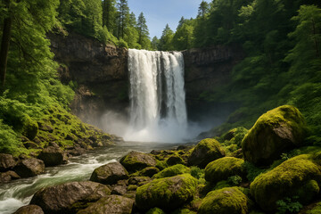Obraz premium Waterfall is surrounded by rocks and trees