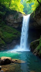 Stunning summer waterfall cascading over mossy rocks, sunlight dappling the water Perfect for travel, nature, and serenity themed projects , pristine, cliff, stream