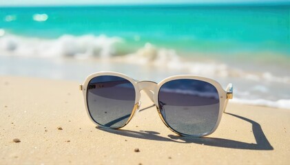 Stylish summer sunglasses resting on a sun-drenched beach, reflecting the vibrant blue ocean Perfect for travel, vacation, and summer promotional material , frame, sunglasses frame, eyewear