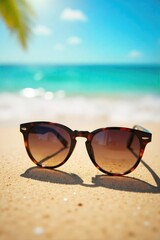 Stylish beach sunglasses resting on a sun-drenched sandy beach, reflecting the bright sunlight Perfect for summer vacation, travel, and holiday themes , beach, lens flare